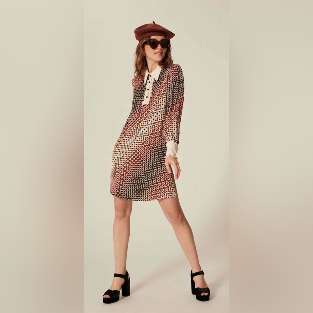Tara Jarmon Geometric Long Sleeve Dress - Red and Black